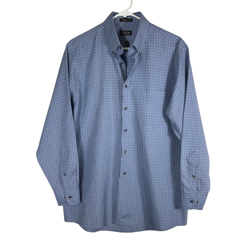 Arrow 1851 Mens Blue Grid Plaid Wrinkle Free Button Down Dress Shirt Medium
